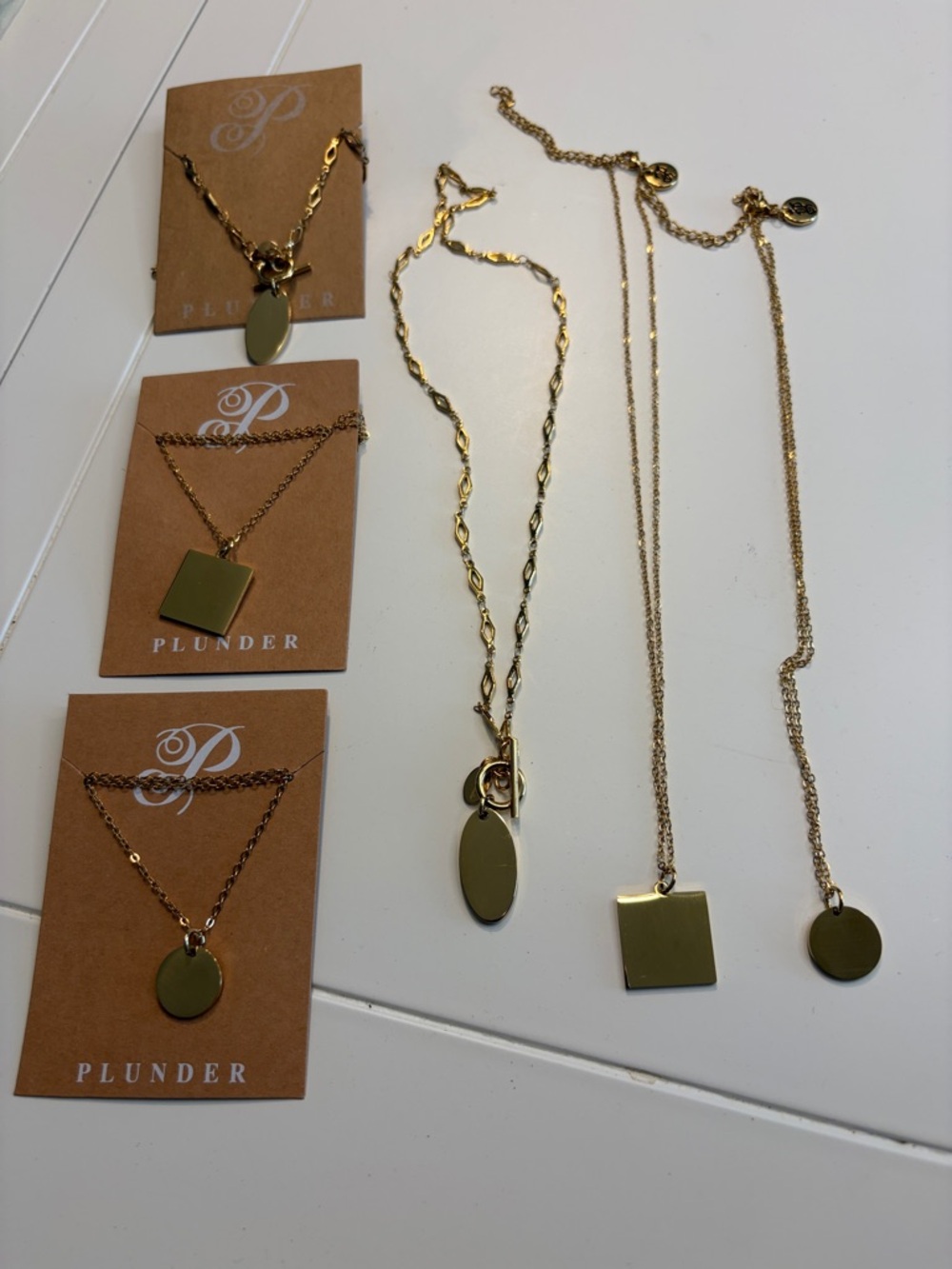 6Plunder GoldTone Pendant Necklace Collection Oval,Square & Disc Pendants 2 EACH